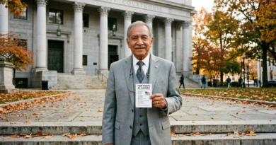 Person holding an ACLU Know Your Rights card in front of an American courthouse