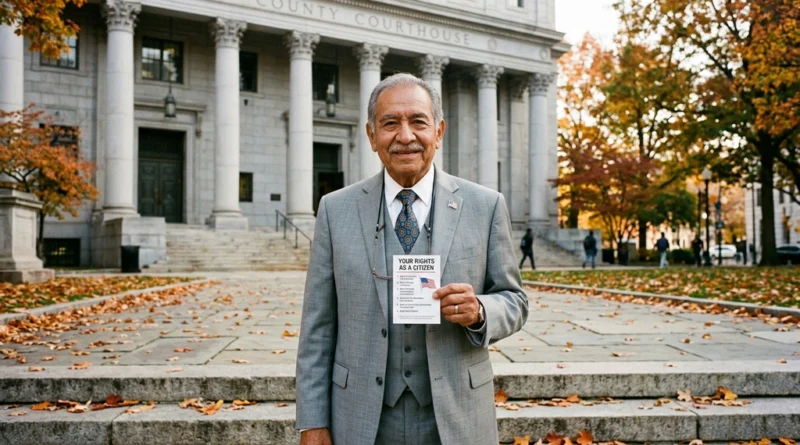 Person holding an ACLU Know Your Rights card in front of an American courthouse