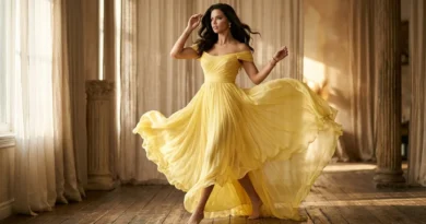 Fashion model in flowing yellow dress in warm studio lighting for a luxury perfume campaign