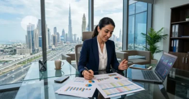 Business consultant reviewing feasibility study data in a modern Dubai office with city skyline