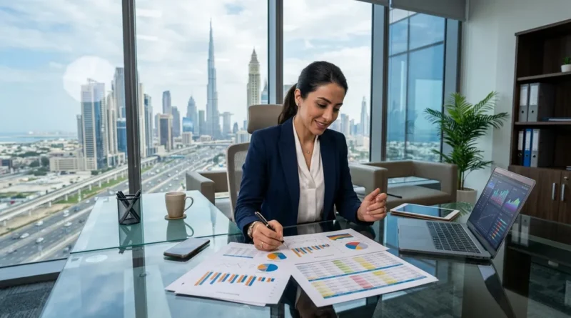 Business consultant reviewing feasibility study data in a modern Dubai office with city skyline