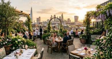 Rooftop Italian restaurant in London with garden design, elegant tables, and panoramic city views