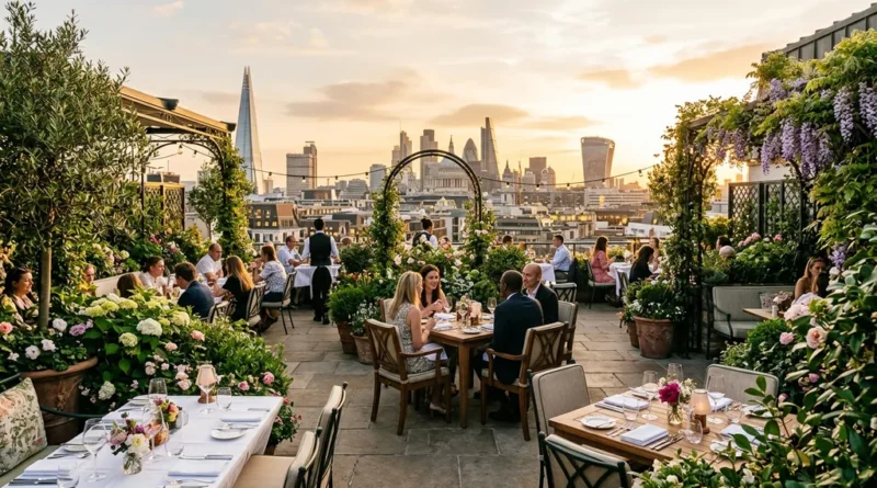 Rooftop Italian restaurant in London with garden design, elegant tables, and panoramic city views
