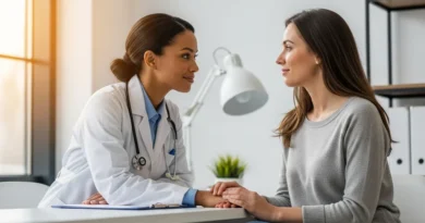 Doctor in white coat speaking supportively with a patient during a calm medical consultation