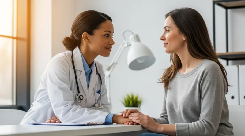 Doctor in white coat speaking supportively with a patient during a calm medical consultation