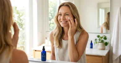 Woman with glowing healthy skin applying SPF moisturizer in a bright bathroom, looking refreshed and youthful