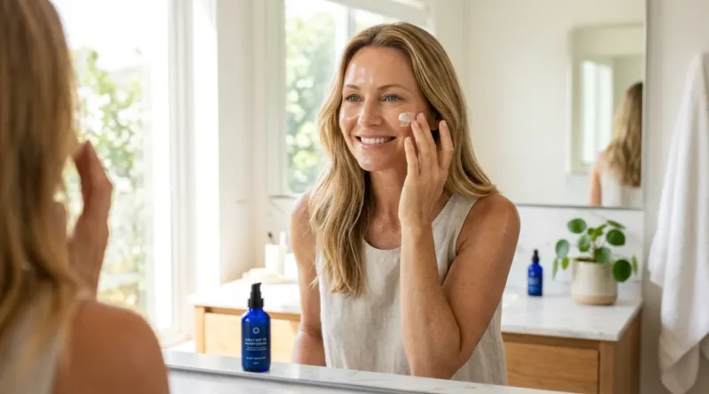Woman with glowing healthy skin applying SPF moisturizer in a bright bathroom, looking refreshed and youthful