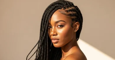 Black woman with long knotless box braids in a beauty portrait with soft warm natural light