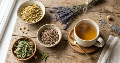Flat lay of herbal sleep remedies including chamomile, lavender, valerian root, passionflower, and a cup of herbal tea
