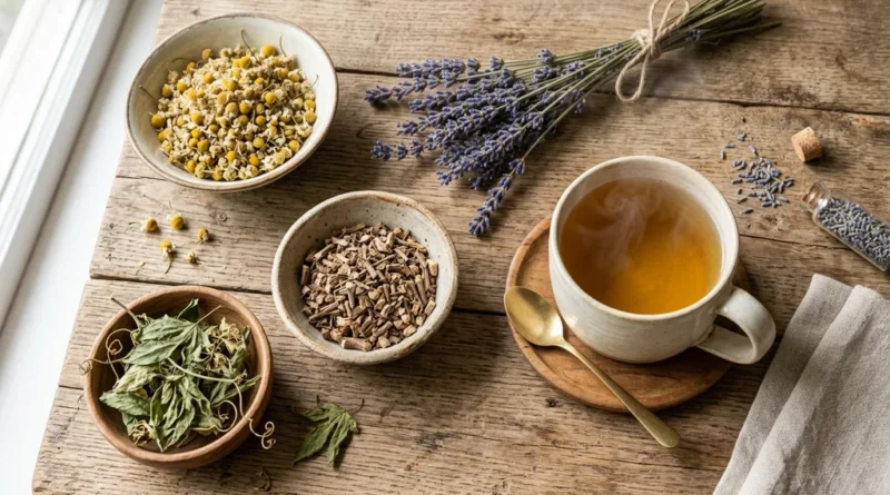Flat lay of herbal sleep remedies including chamomile, lavender, valerian root, passionflower, and a cup of herbal tea