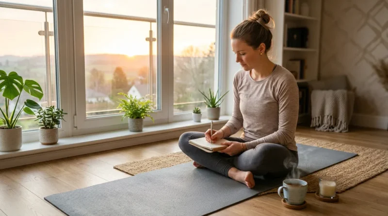 Woman sitting on a yoga mat at sunrise journaling as part of her morning wellness routine, with a cup of tea beside her
