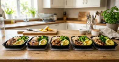 Healthy fitness meal prep with grilled chicken, brown rice, steamed broccoli, and avocado in containers on a kitchen counter