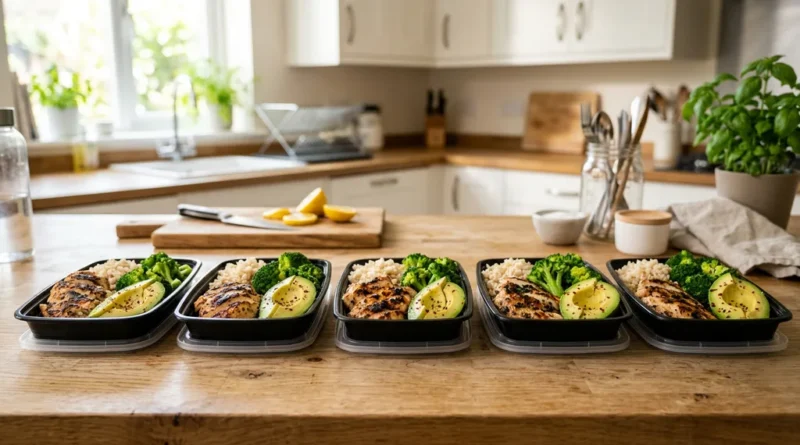 Healthy fitness meal prep with grilled chicken, brown rice, steamed broccoli, and avocado in containers on a kitchen counter