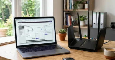 Modern Wi-Fi router on a desk beside a laptop showing the router admin settings page for changing Wi-Fi channels