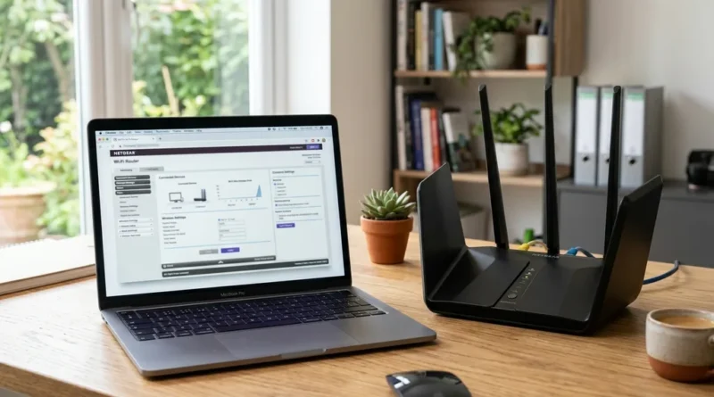 Modern Wi-Fi router on a desk beside a laptop showing the router admin settings page for changing Wi-Fi channels