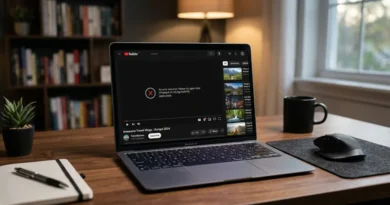 Laptop screen displaying a YouTube playback error message on a video player in a modern home setup