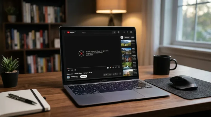 Laptop screen displaying a YouTube playback error message on a video player in a modern home setup