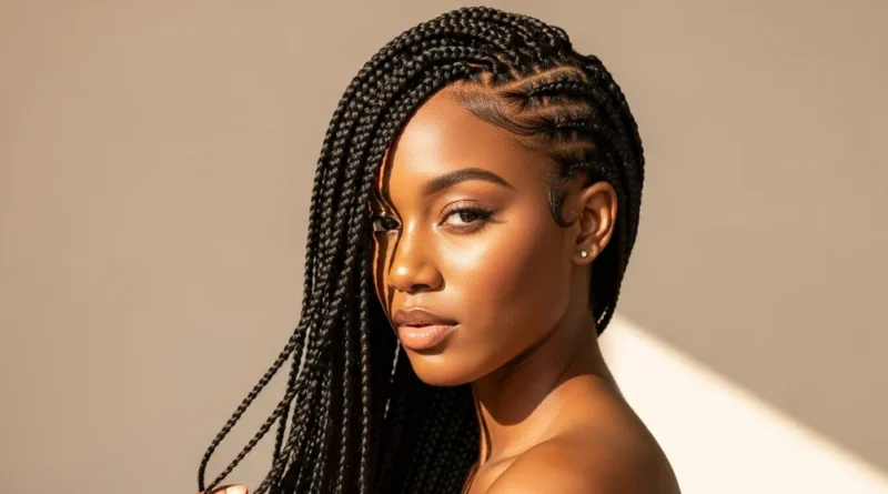 Black woman with long knotless box braids in a beauty portrait with soft warm natural light