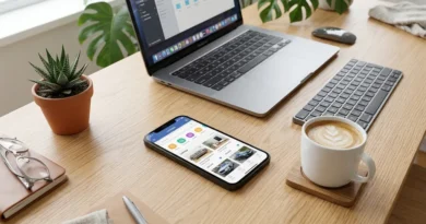 Smartphone displaying an online classified ads listing app on a clean desk with a coffee cup and laptop in the background