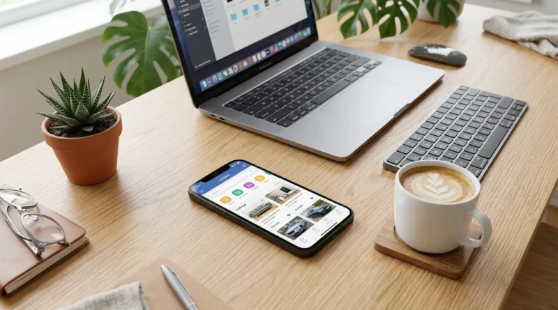 Smartphone displaying an online classified ads listing app on a clean desk with a coffee cup and laptop in the background