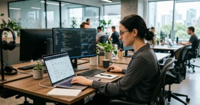 Data engineer working on AWS cloud console with data pipeline dashboards on a laptop screen