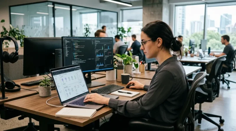 Data engineer working on AWS cloud console with data pipeline dashboards on a laptop screen