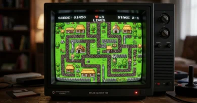 8-bit retro pixel art maze game inspired by The Banshees of Inisherin showing Irish village top-down view