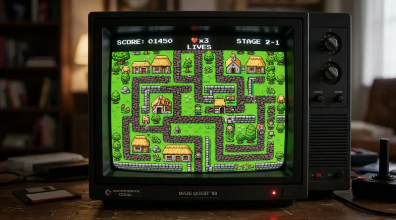 8-bit retro pixel art maze game inspired by The Banshees of Inisherin showing Irish village top-down view