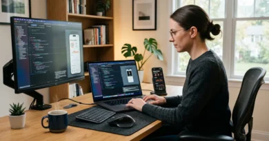 Developer working on iOS app development in Xcode on a MacBook Pro at a modern desk