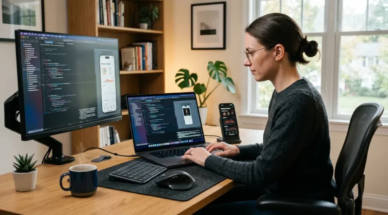 Developer working on iOS app development in Xcode on a MacBook Pro at a modern desk