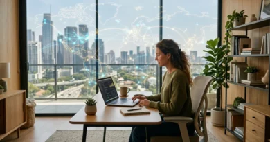 Person using the internet on laptop in a modern home office with global network visualization