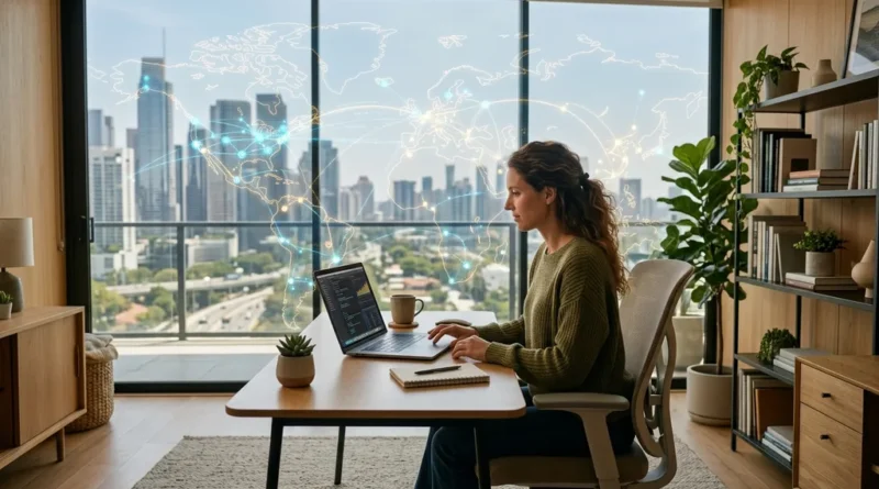 Person using the internet on laptop in a modern home office with global network visualization