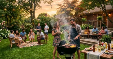 Best backyard BBQ setup with charcoal grill, string lights, and guests on a green lawn at golden hour