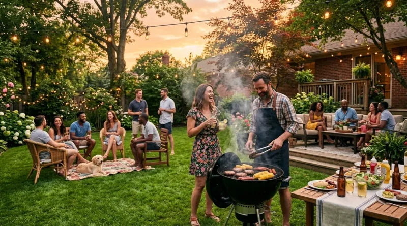 Best backyard BBQ setup with charcoal grill, string lights, and guests on a green lawn at golden hour