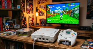 Classic Sega Dreamcast console and controller on a retro gaming shelf with a modern monitor displaying colorful game graphics
