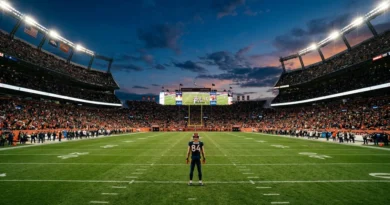 Best football films: lone football player stands on a lit stadium field at dusk in a cinematic wide shot