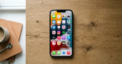 iPhone displaying colorful home screen with app icons on a wooden desk with natural lighting