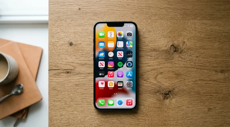 iPhone displaying colorful home screen with app icons on a wooden desk with natural lighting
