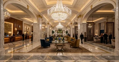 Elegant Las Vegas luxury hotel lobby with marble floors and chandeliers representing the best luxury hotels in Las Vegas