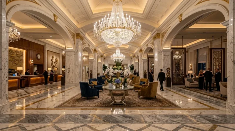 Elegant Las Vegas luxury hotel lobby with marble floors and chandeliers representing the best luxury hotels in Las Vegas