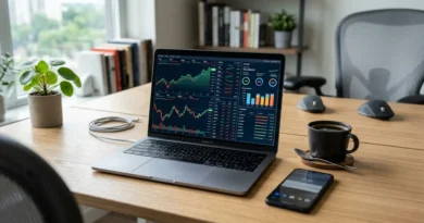 Laptop showing stock market charts and an investment portfolio dashboard on a modern desk with a smartphone and coffee cup nearby