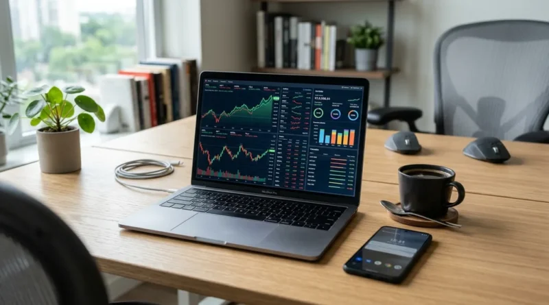 Laptop showing stock market charts and an investment portfolio dashboard on a modern desk with a smartphone and coffee cup nearby