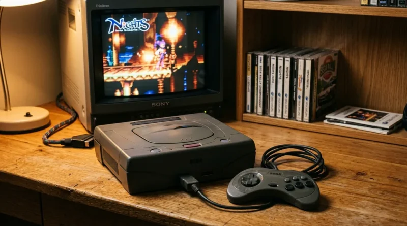 Classic Sega Saturn console in dark grey with original controller on a wooden desk in a retro gaming setup with warm ambient lighting