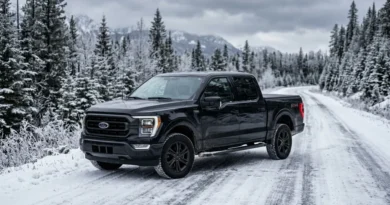 Black pickup truck with waterproof tonneau cover parked on snow-covered road in winter conditions