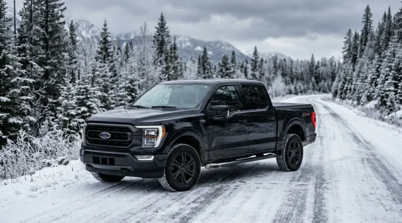 Black pickup truck with waterproof tonneau cover parked on snow-covered road in winter conditions