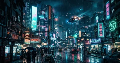 Dark neon cyberpunk cityscape with rain-soaked streets inspired by Blade Runner