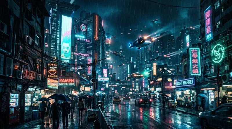 Dark neon cyberpunk cityscape with rain-soaked streets inspired by Blade Runner
