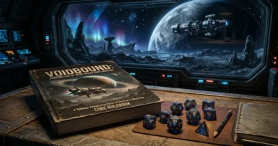 Alien RPG Building Better Worlds campaign book and dice on a dark table with a deep space backdrop