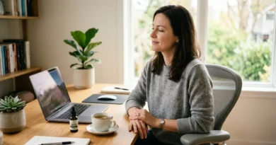 Professional woman at desk with CBD oil and herbal tea for work stress relief