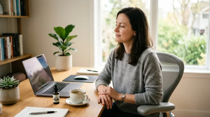 Professional woman at desk with CBD oil and herbal tea for work stress relief